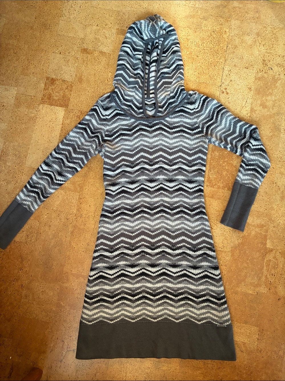 Prana Striped Knit Hooded Sweater Dress in Gray, Black, and White